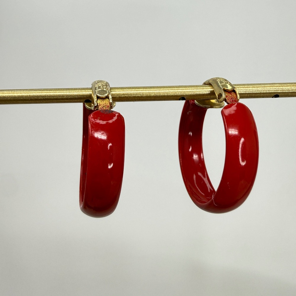 LH Segal Red Enamel Hoop Earrings Clip On Signed Vintage 80s